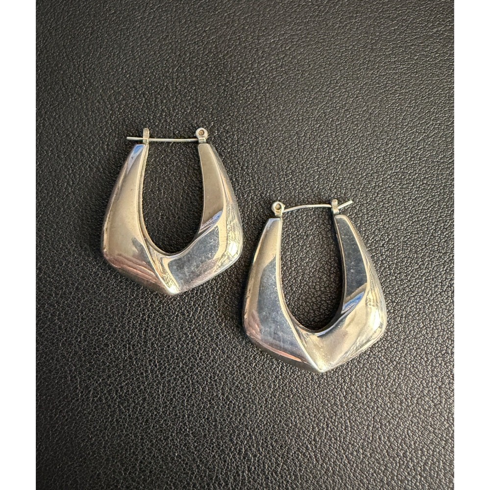 Vintage Hoop Earrings Modernist Sculptural Silver Tone High Polish Geometric